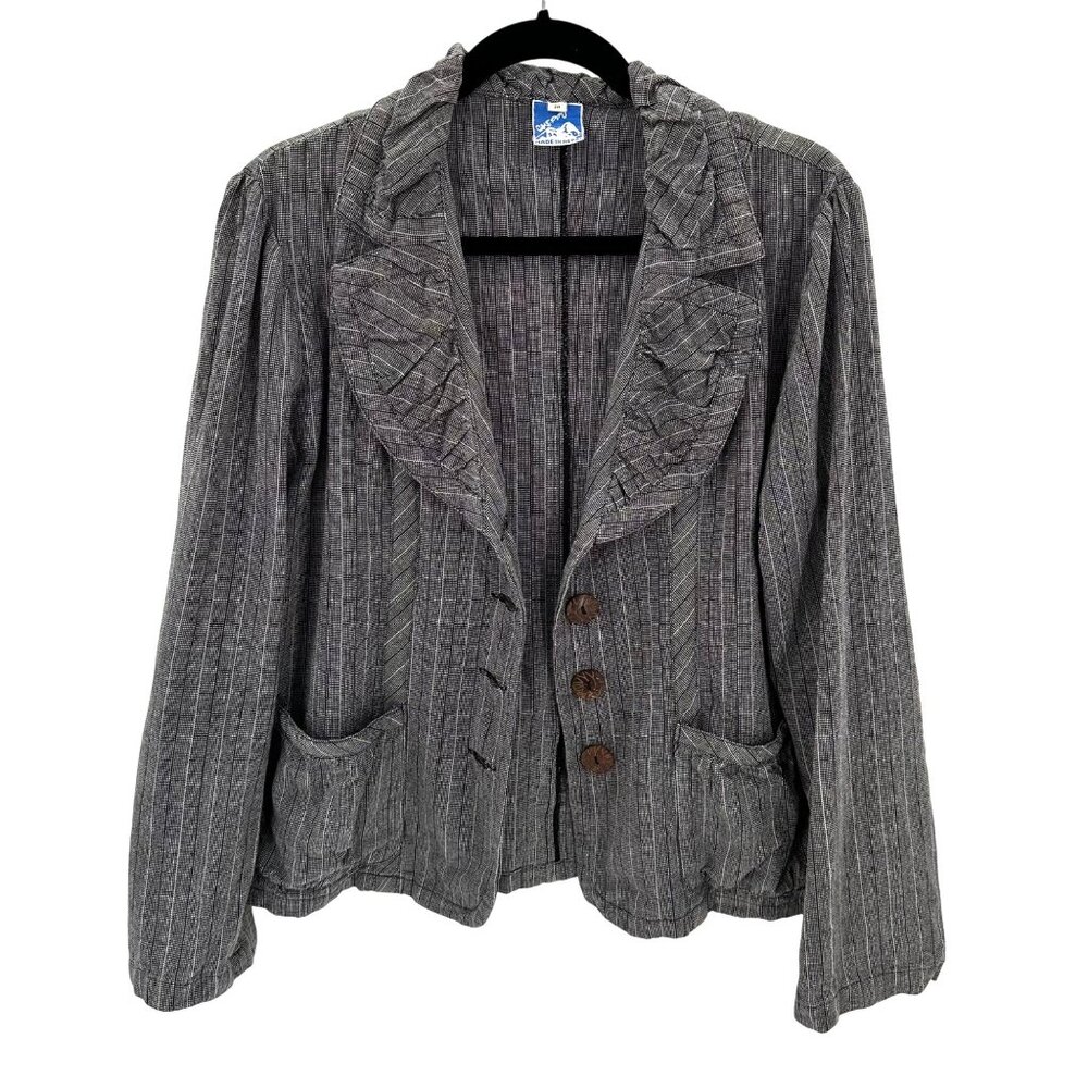 Vintage Cheppu Made In Nepal Womens Gray Striped Ruffle Collar Jacket M